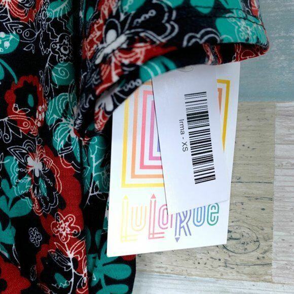 LuLaRoe Irma High Low Tunic Top Black Green Red Floral Print Womens XS - Picture 3 of 5